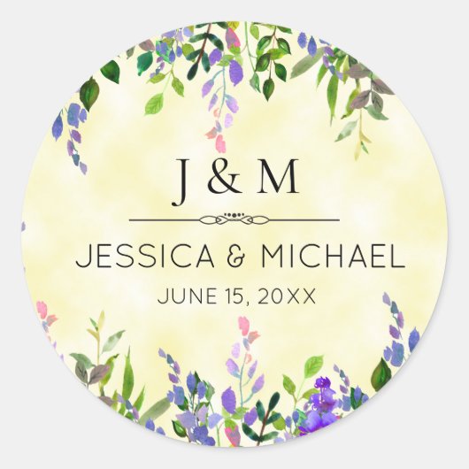 Sticker Rond Lavande Florale Jaune Mariage Merci Monogramme (Devant)