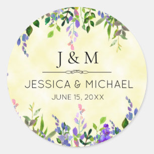 Sticker Rond Lavande Florale Jaune Mariage Merci Monogramme