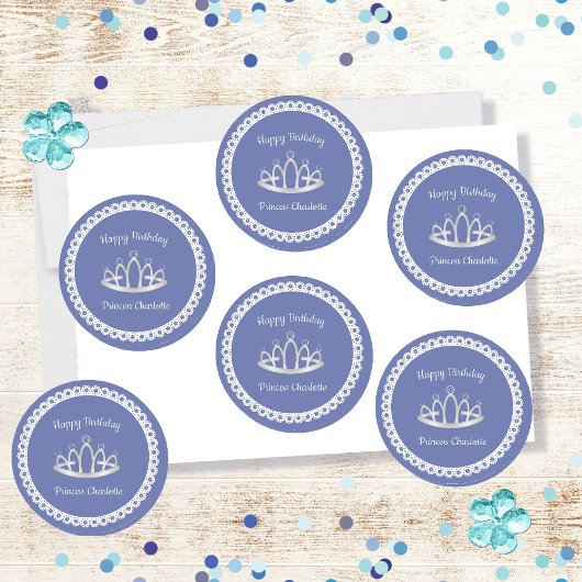 Sticker Rond Lavender Blue Princesse Tiara fête d'anniversaire