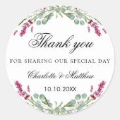 Sticker Rond Lavender rose verdure mariage merci (Devant)