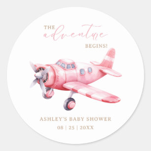 Sticker Rond L'aventure Commence Fille au Bébé Rose Invitation