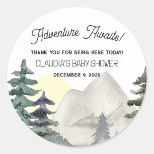 Sticker Rond L'aventure vous attend ! Montagnes et forêt Merci