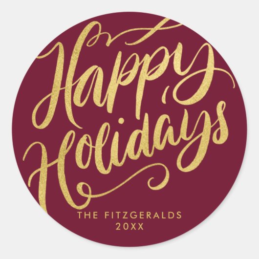Sticker Rond Lavish Script Happy Holidays Rouge & Faux Gold (Devant)