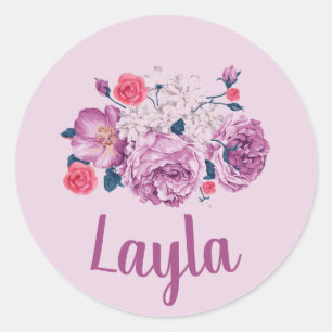 Sticker Rond Layla Nom Floral Personnalisé Fleur Vintage Rose F