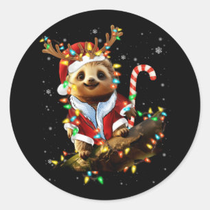 Sticker Rond Lazy Sloth Lover Xmas Sloth Reindeer Light Joyeux 