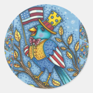STICKER ROND LE 4 JUILLET, TWEET DE BLUEBIRD, AMERICAN FLAG USA