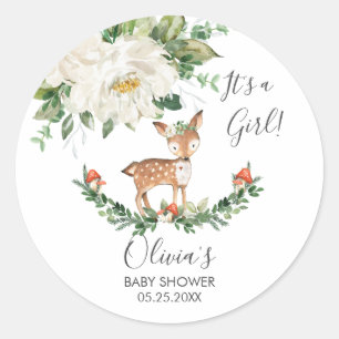 Sticker Rond Le Baby shower animal du bois de cerf, Merci préfé
