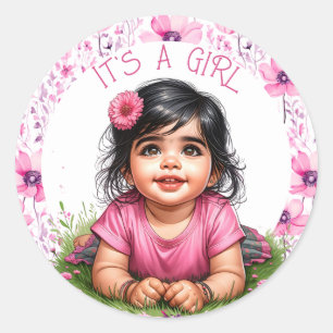 Sticker Rond Le Baby shower rose floral de la fille   C'est une