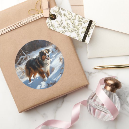 Sticker Rond Le Berger Australien Laisser Neige Noël (Cadeaux)