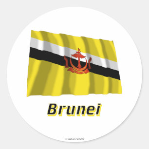 Sticker Rond Le Brunei ondulant le drapeau avec le nom