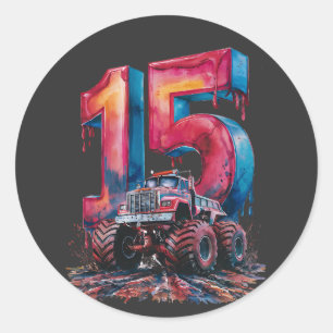 Sticker Rond Le Camion Monstrous Coloré Marque le 15e anniversa