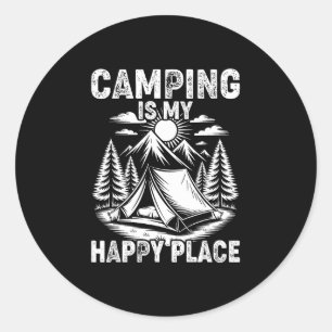 Sticker Rond Le camping est un endroit heureux drôle de campeur