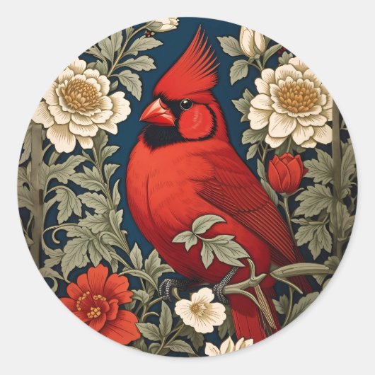 Sticker Rond Le Cardinal du Nord Floral William Morris Inspiré (Devant)