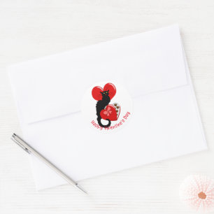Sticker Rond Le Chat Noir Cœur Bonbons Saint-Valentin