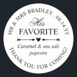 Sticker Rond Le Coeur Flèche Son Mariage Préféré Bonbon Faveur<br><div class="desc">Personnalisé ses stickers de bonbons mariages préférés pour vos sacs de gâterie mariages que vous allez donner à vos invités comme un merci d'avoir assisté à votre mariage! Dans le texte courbe, ajoutez vos noms, la date mariage et un merci. Écrivez le type de traitement que contient le sac ou...</div>