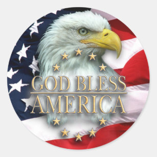Sticker Rond Le drapeau américain avec Eagle, Dieu bénissent