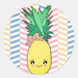 Sticker Rond Le fruit mignon Kawaii d'ananas font face au style