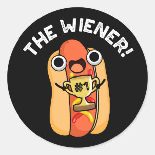Sticker Rond Le gagnant Wiener Funny Hot Dog Pun Dark BG