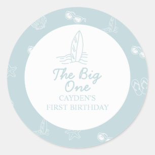 Sticker Rond Le grand surfboard plage doodle Premier Anniversai
