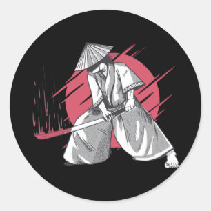 Sticker Rond Le guerrier de Samurai frappe avec Katana