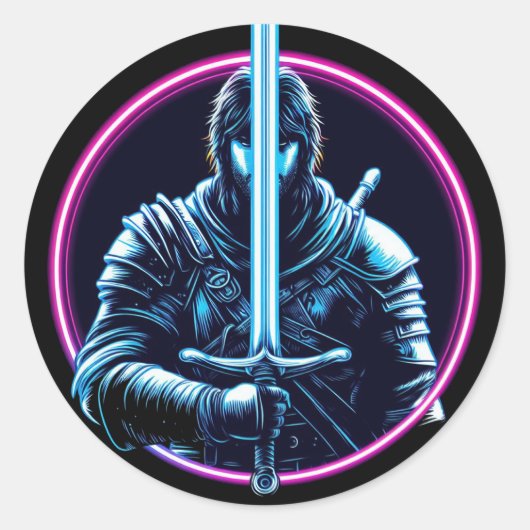 Sticker Rond le guerrier neon sword fighter vin (Devant)