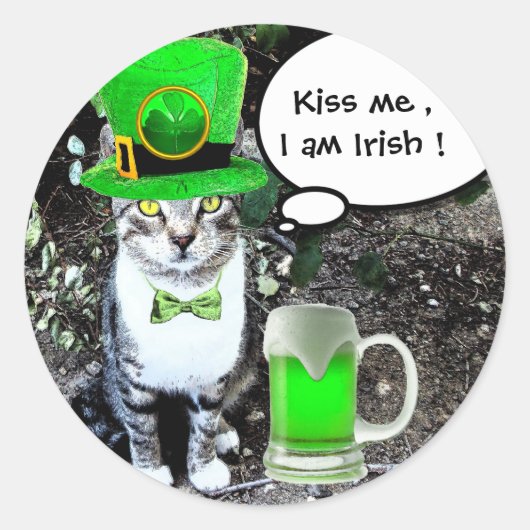 STICKER ROND LE JOUR DE SAINT PATRICK CAT WITH GREEN IRISH (Devant)