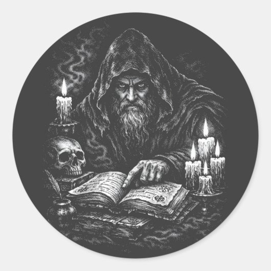 Sticker Rond Le Magicien Étudiant le Grimoire — par BurnsInHell (Devant)