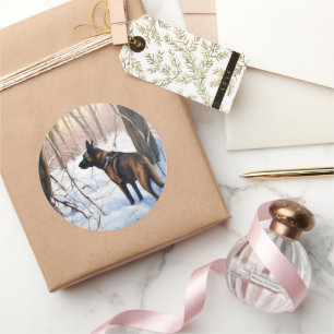 Sticker Rond Le Malinois Belge Laisser Neige Noël