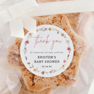 Sticker Rond Le Merci du Baby shower fleur sauvage privilégie