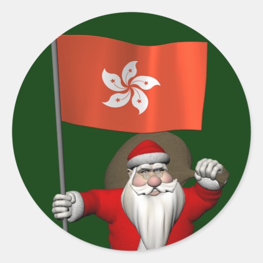 Sticker Rond Le Père Noël Avec L'Ensigne De Hong Kong (Devant)