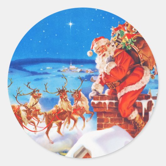 Sticker Rond Le Père Noël et son renne sur le toit (Devant)
