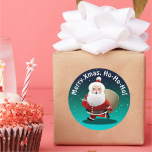Sticker Rond Le père noël heureux avec un sac plein des cadeaux