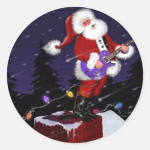 Sticker Rond Le Père Noël Jouant de la guitare électrique