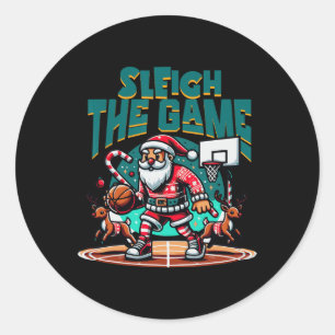Sticker Rond Le Père Noël Joue Au Basket-Basket - Noël Joyeux G