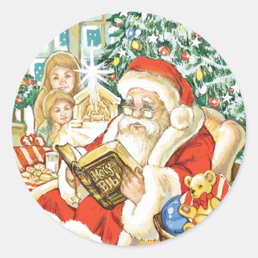 Sticker Rond Le Père Noël lit la Bible le soir de Noël (Devant)