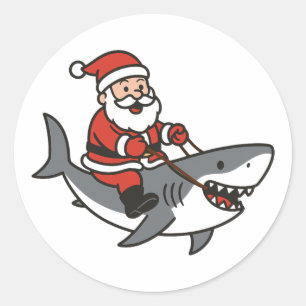Sticker Rond Le Père Noël mignon chevauchant un requin Noël drô