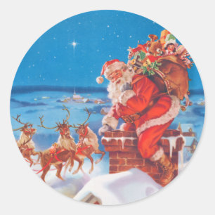 Sticker Rond Le père noël sur le dessus de toit avec son renn
