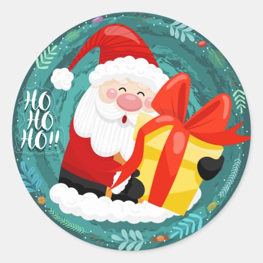 Sticker Rond Le Père Noël tenant des boîtes cadeaux Noël (Devant)