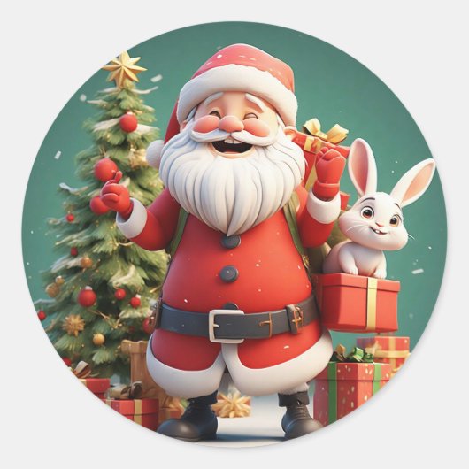 Sticker Rond Le Père Noël tient présent avec des lapins (Devant)