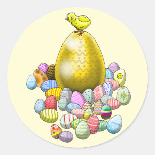 Sticker Rond Le poussin de Pâques et l'œuf de Pâques en or