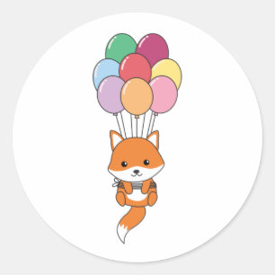 Sticker Rond Le Renard S'Envole Avec Des Ballons Colorés