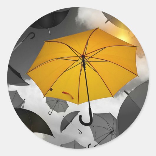 Sticker Rond Le soleil arrive, avalanche de parapluies (Devant)