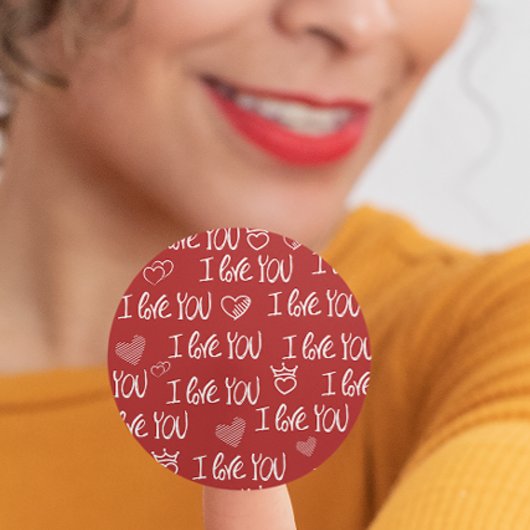 Sticker Rond Le thème de Valentine Rouge Blanc Je t'aime Motif