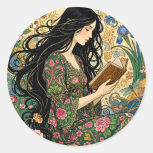 Sticker Rond Lecture dans le jardin Art nouveau