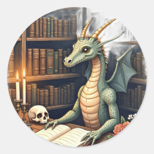Sticker Rond Lecture de dragon Académie sombre Gothique Bibliot