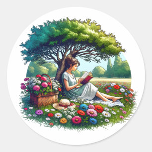 Sticker Rond Lecture de fille sous un arbre entouré de fleurs