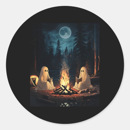 Sticker Rond Lecture du livre d'Halloween Ghost Forest Camping  (Devant)