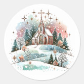 Sticker Rond L'église aquarelle pour Noël d'hiver (Devant)