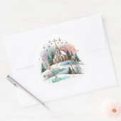 Sticker Rond L'église aquarelle pour Noël d'hiver (Enveloppe)