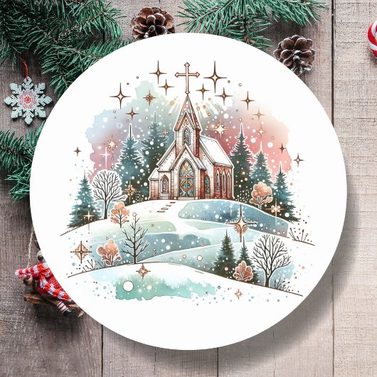 Sticker Rond L'église aquarelle pour Noël d'hiver